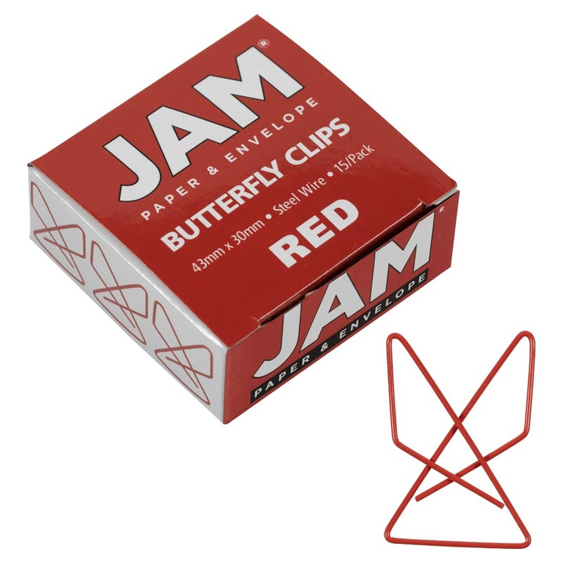 JAM Paper مشابك الفراشة الملونة من JAM PAPER - مشابك ورقية حمراء - 15/عبوة - Image 1